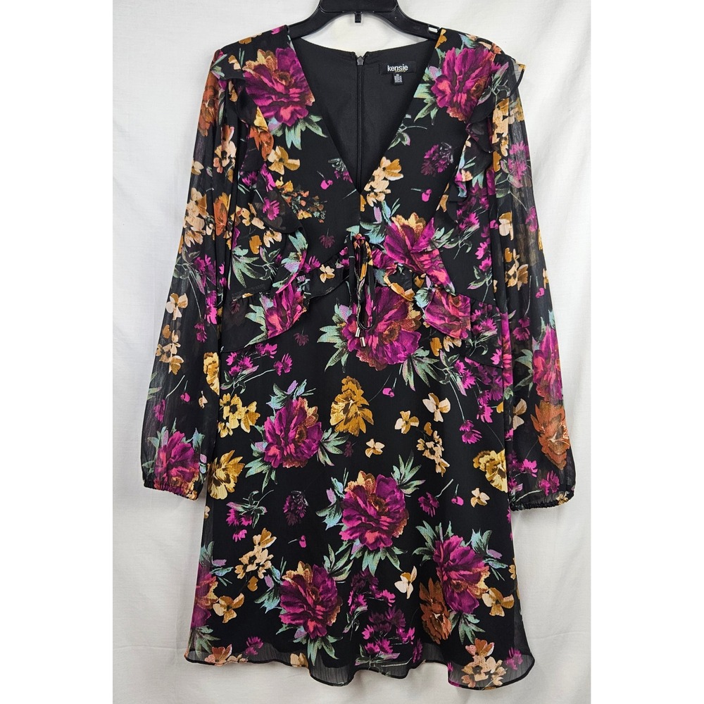 kensie Black Floral Ruffle V-Neck Long Sleeve Mini Dress Size 10 Coquette